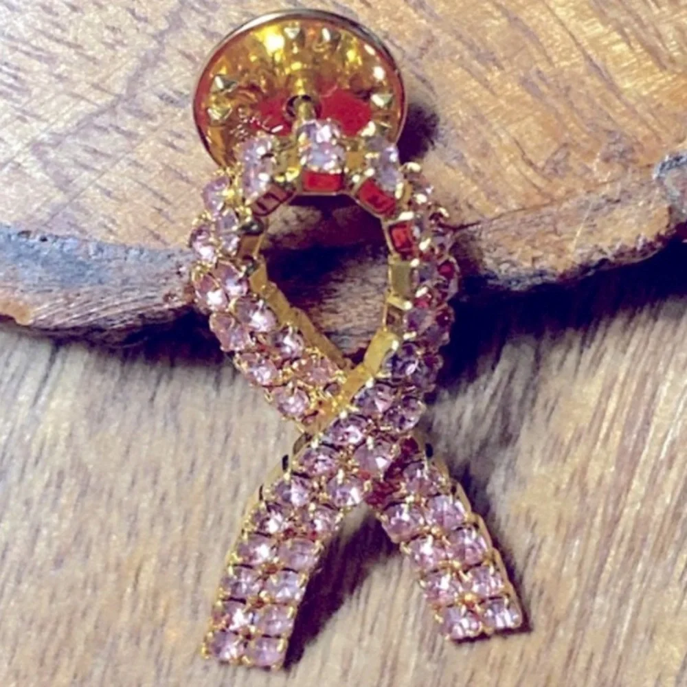 Vintage Ballou Pink Rhinestone Pink Ribbon Breast Cancer Lapel Pin Ladies Brooch